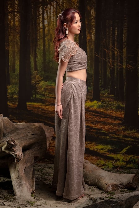 Buy_Harshita Jain_Gold Organza Embroidery Sweetheart Neck Bustier With Pant _Online_at_Aza_Fashions