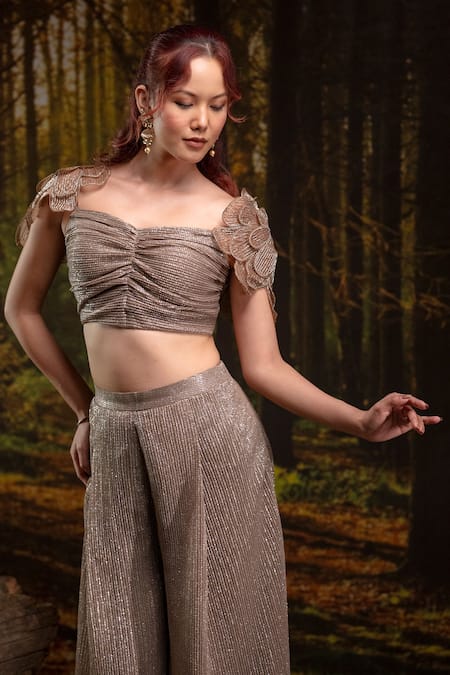 Shop_Harshita Jain_Gold Organza Embroidery Sweetheart Neck Bustier With Pant _Online_at_Aza_Fashions