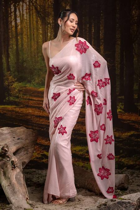 Shop_Harshita Jain_Pink Georgette Sequins, Embroidery Saree With Unstitched Blouse _Online_at_Aza_Fashions