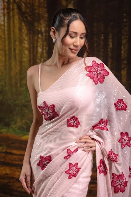 Buy_Harshita Jain_Pink Georgette Sequins, Embroidery Saree With Unstitched Blouse 