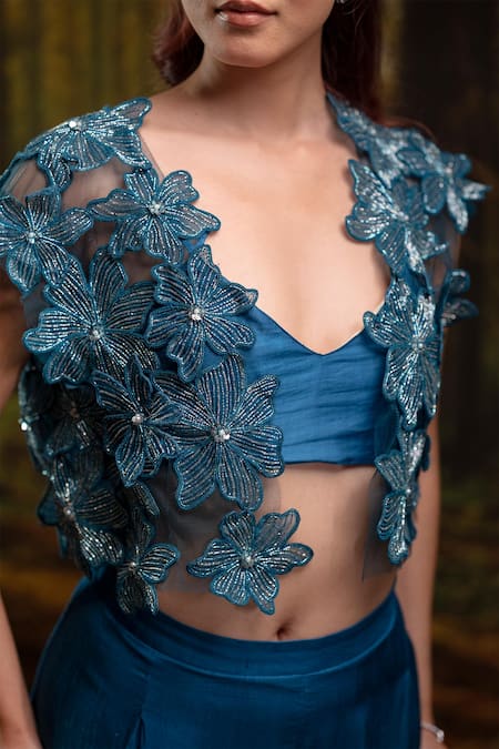 Harshita Jain_Cobalt Organza Embroidery, Beads V-neck 3d Floral Jacket Pant Set _Online_at_Aza_Fashions