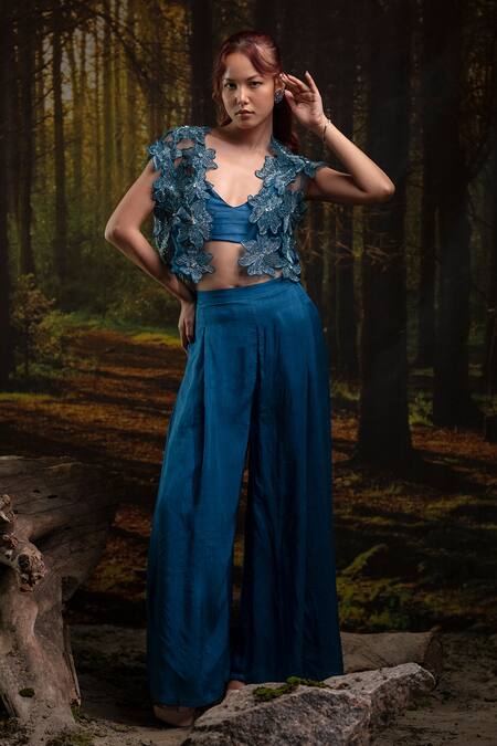Buy_Harshita Jain_Cobalt Organza Embroidery, Beads V-neck 3d Floral Jacket Pant Set _Online_at_Aza_Fashions