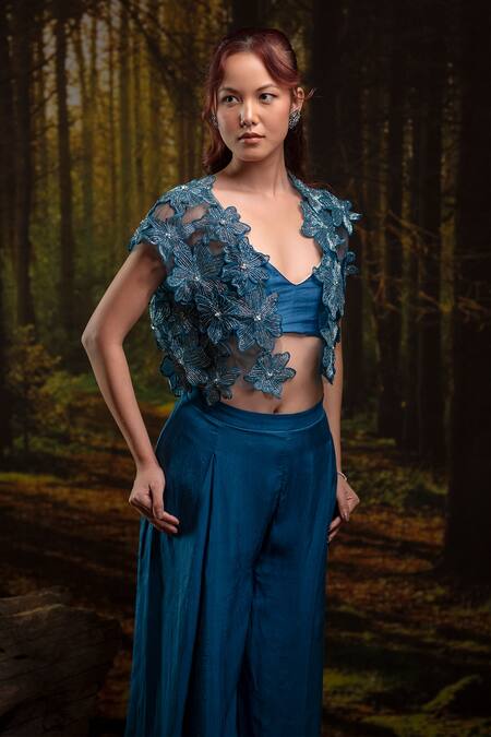 Shop_Harshita Jain_Cobalt Organza Embroidery, Beads V-neck 3d Floral Jacket Pant Set _Online_at_Aza_Fashions