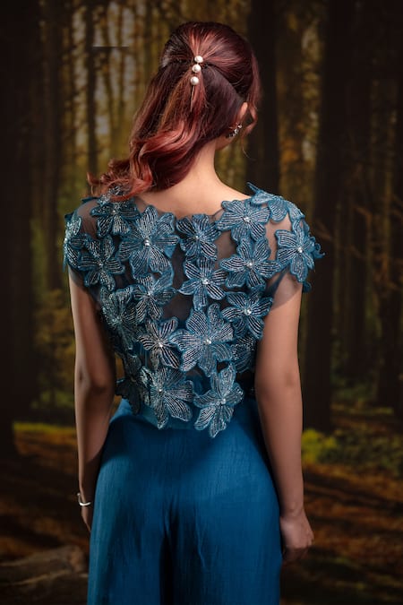 Harshita Jain_Cobalt Organza Embroidery, Beads V-neck 3d Floral Jacket Pant Set _at_Aza_Fashions