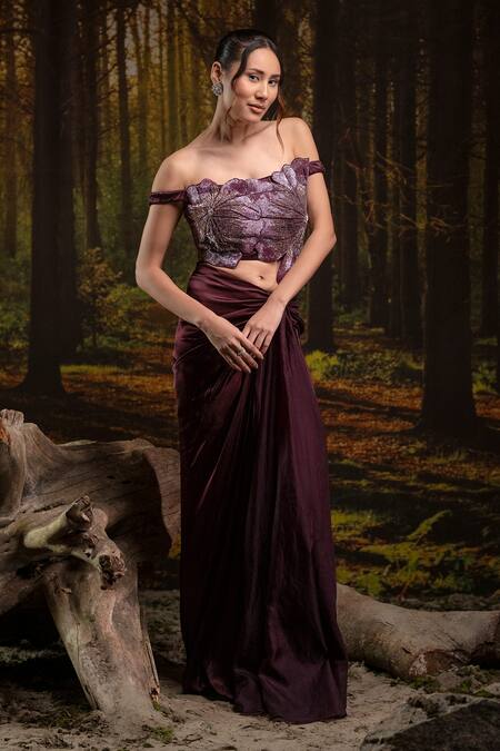 Harshita Jain_Purple Embroidery, Sequins Off-shoulder 3d Hand Blouse With Draped Skirt _Online_at_Aza_Fashions