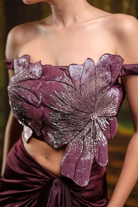 Buy_Harshita Jain_Purple Embroidery, Sequins Off-shoulder 3d Hand Blouse With Draped Skirt _Online_at_Aza_Fashions