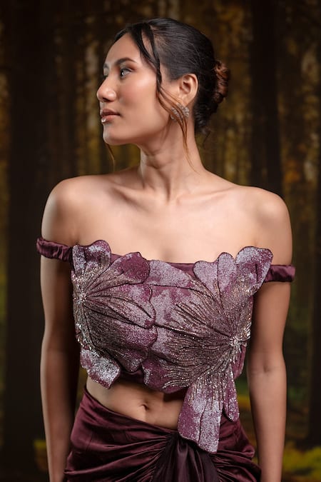 Shop_Harshita Jain_Purple Embroidery, Sequins Off-shoulder 3d Hand Blouse With Draped Skirt _Online_at_Aza_Fashions