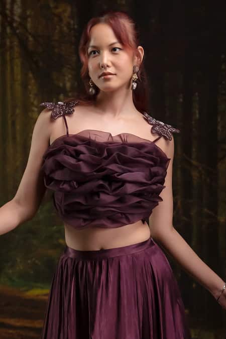 Harshita Jain_Purple Gabardine, Organza Embroidery Ruffle Bustier With Balloon Skirt _Online_at_Aza_Fashions