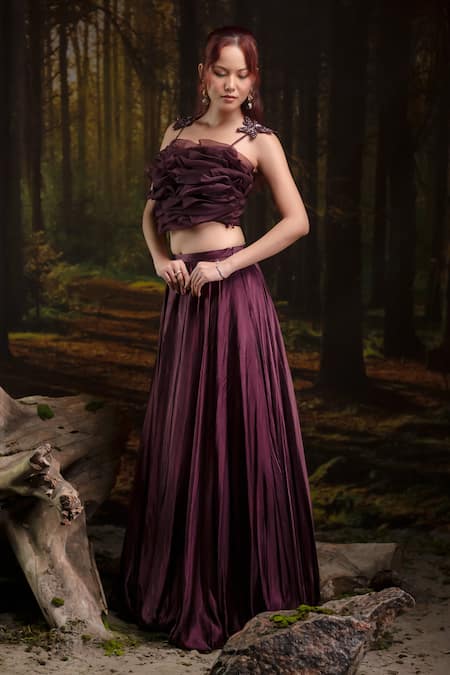 Harshita Jain_Purple Gabardine, Organza Embroidery Ruffle Bustier With Balloon Skirt _at_Aza_Fashions