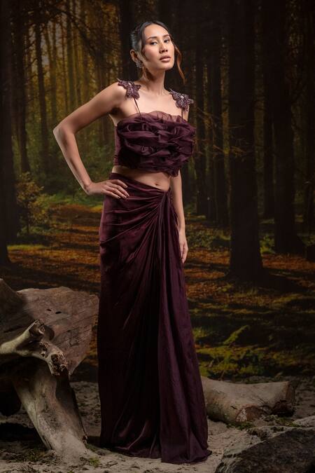 Buy_Harshita Jain_Purple Organza, Gingham Embroidery, Beads Square Floral Hand Bustier With Skirt _Online_at_Aza_Fashions