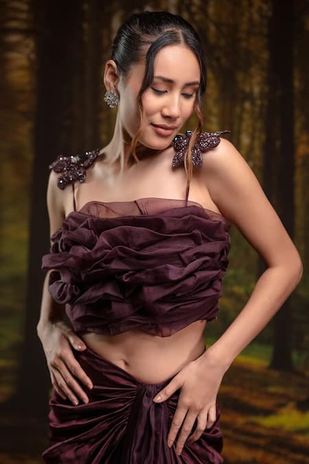 Shop_Harshita Jain_Purple Organza, Gingham Embroidery, Beads Square Floral Hand Bustier With Skirt _Online_at_Aza_Fashions