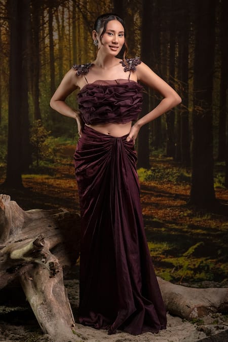 Harshita Jain_Purple Organza, Gingham Embroidery, Beads Square Floral Hand Bustier With Skirt _at_Aza_Fashions