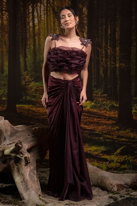 Harshita Jain Purple Organza, Gingham Embroidery, Beads Square Floral Hand Bustier With Skirt 