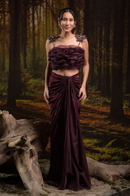 Buy_Harshita Jain_Purple Organza, Gingham Embroidery, Beads Square Floral Hand Bustier With Skirt 