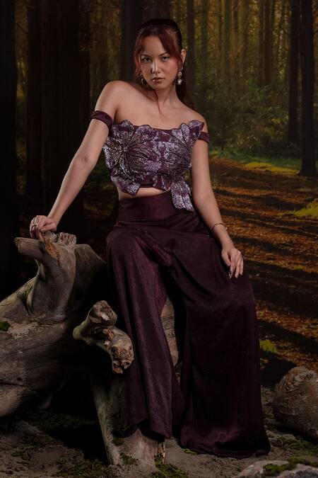 Buy_Harshita Jain_Purple Viscose, Satin Embroidery 3d Floral Motif Blouse With Trouser _Online_at_Aza_Fashions