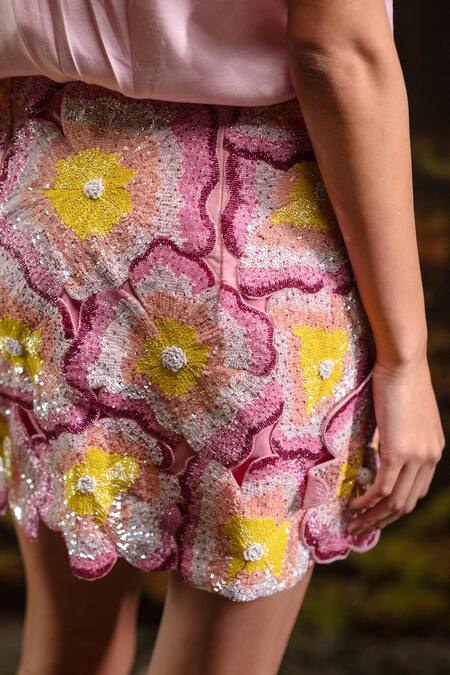 Buy_Harshita Jain_Pink Organza Pearls Hand Embroidered Skirt _Online_at_Aza_Fashions