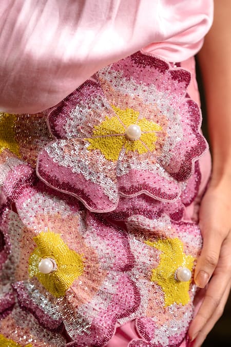 Shop_Harshita Jain_Pink Organza Pearls Hand Embroidered Skirt _Online_at_Aza_Fashions