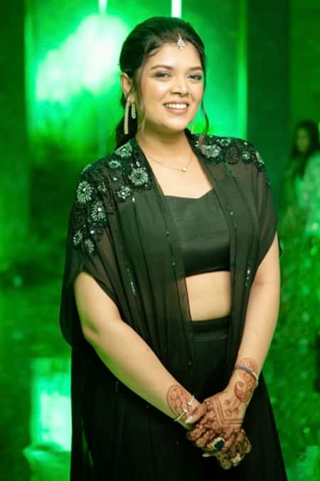 Harshita Jain_Black Open , Square Sheer Embroidered Cape Pant Set _Online_at_Aza_Fashions