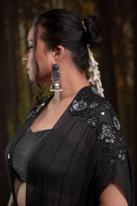 Buy_Harshita Jain_Black Open , Square Sheer Embroidered Cape Pant Set _Online_at_Aza_Fashions