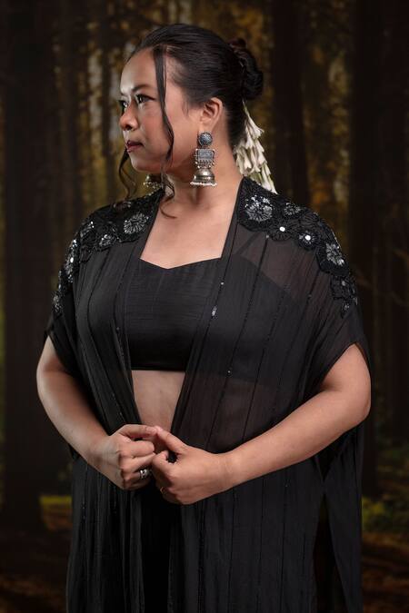 Shop_Harshita Jain_Black Open , Square Sheer Embroidered Cape Pant Set _Online_at_Aza_Fashions
