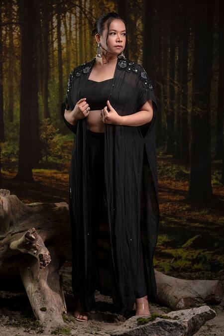 Harshita Jain_Black Open , Square Sheer Embroidered Cape Pant Set _at_Aza_Fashions