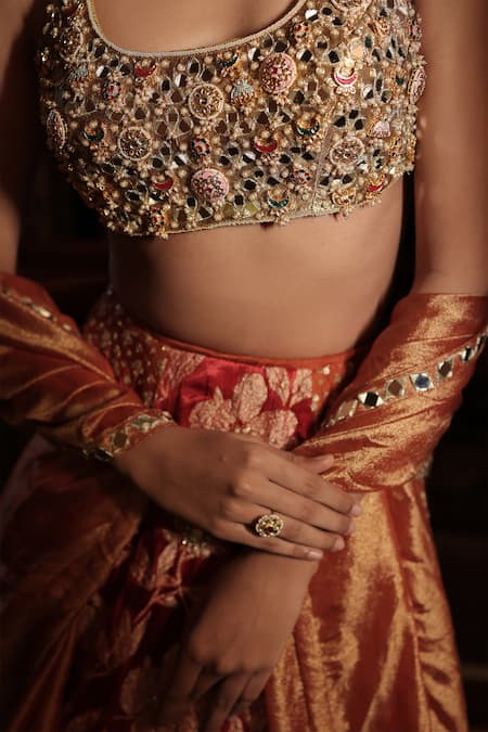 Buy_Vana Ethnics_Gold Silk Mirrors, Sequins, The Virasat Ornamental Embellished Lehenga Set _Online_at_Aza_Fashions