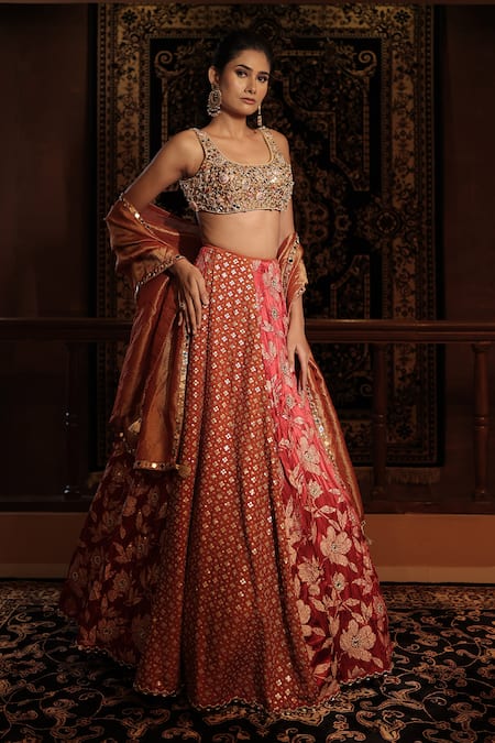 Shop_Vana Ethnics_Gold Silk Mirrors, Sequins, The Virasat Ornamental Embellished Lehenga Set _Online_at_Aza_Fashions