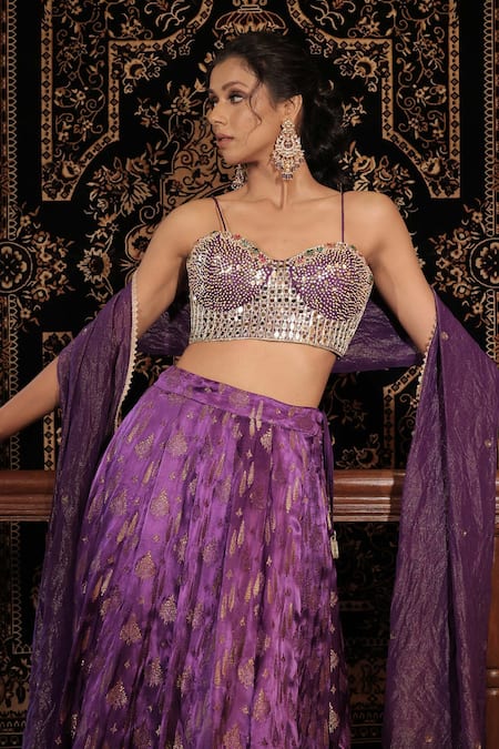 Vana Ethnics_Purple Silk, Tissue Mirrors, Beads, Sequins, The Manmohini Hand Lehenga Set _at_Aza_Fashions