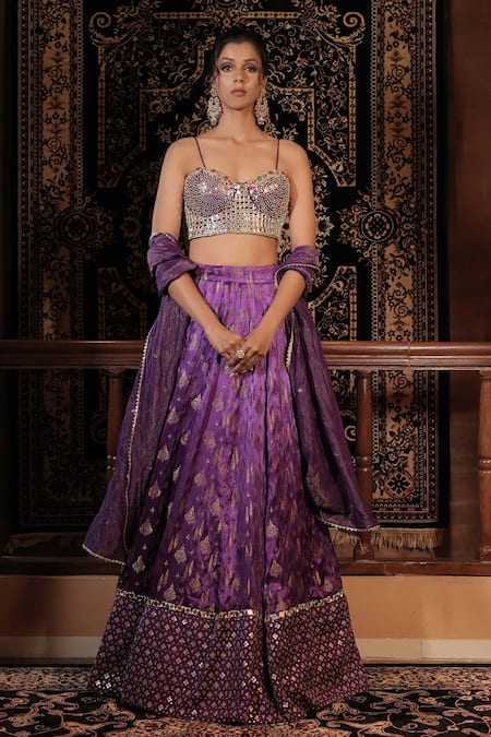 Shop_Vana Ethnics_Purple Silk, Tissue Mirrors, Beads, Sequins, The Manmohini Hand Lehenga Set 