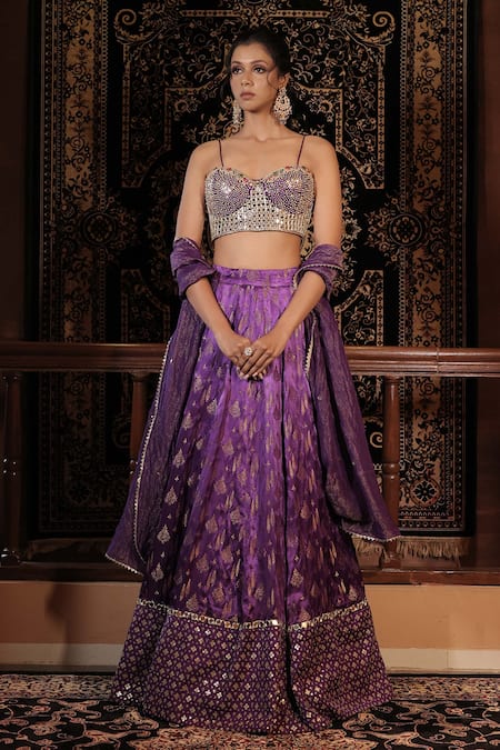 Vana Ethnics Purple Silk, Tissue Mirrors, Beads, Sequins, The Manmohini Hand Lehenga Set 