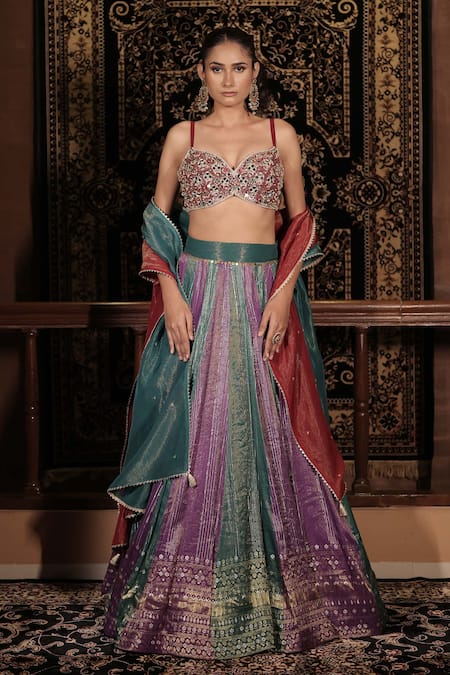 Vana Ethnics_Red Tissue, Brocade Embroidery, Stones, The Ratnakari Embellished Lehenga Set _Online_at_Aza_Fashions