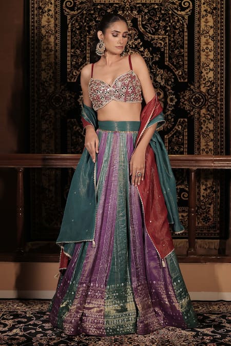 Buy_Vana Ethnics_Red Tissue, Brocade Embroidery, Stones, The Ratnakari Embellished Lehenga Set _Online_at_Aza_Fashions