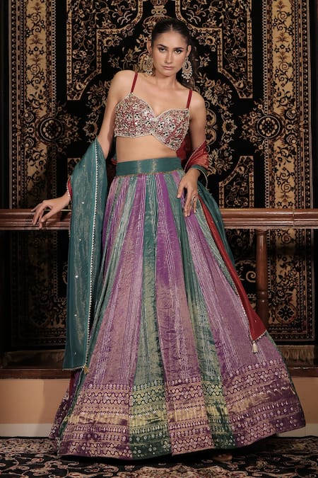 Buy_Vana Ethnics_Red Tissue, Brocade Embroidery, Stones, The Ratnakari Embellished Lehenga Set 