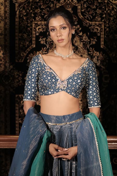 Buy_Vana Ethnics_Blue Tissue, Silk Sequins, Stones, The Neelaya Banarasi Embroidered Lehenga Set _Online_at_Aza_Fashions