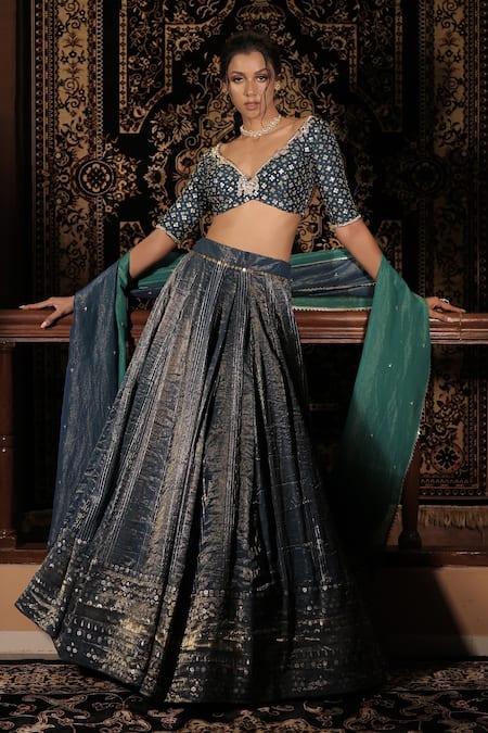 Buy_Vana Ethnics_Blue Tissue, Silk Sequins, Stones, The Neelaya Banarasi Embroidered Lehenga Set 