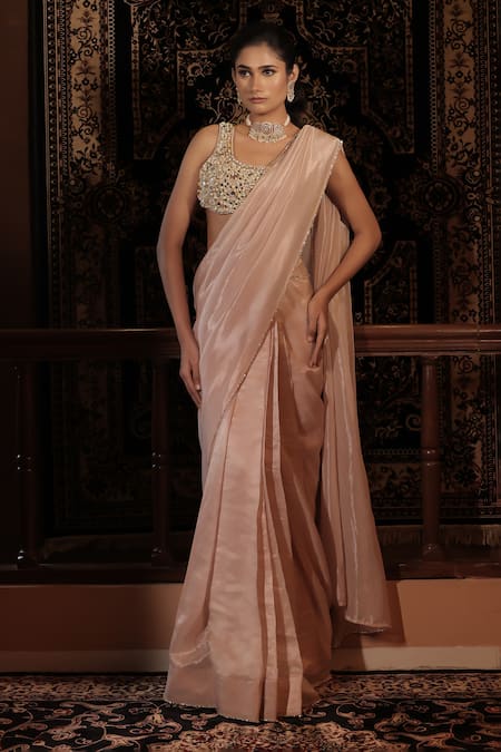 Buy_Vana Ethnics_Blush Tissue Pearls, Stones, The Hiramoti Kundan Embellished Saree With Blouse _Online_at_Aza_Fashions