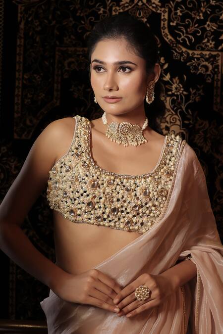 Shop_Vana Ethnics_Blush Tissue Pearls, Stones, The Hiramoti Kundan Embellished Saree With Blouse _Online_at_Aza_Fashions