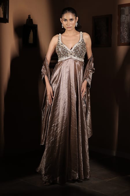 Vana Ethnics_Gold Tissue Mirrors, The Celestial Kundan Embellished Anarkali With Dupatta _Online_at_Aza_Fashions