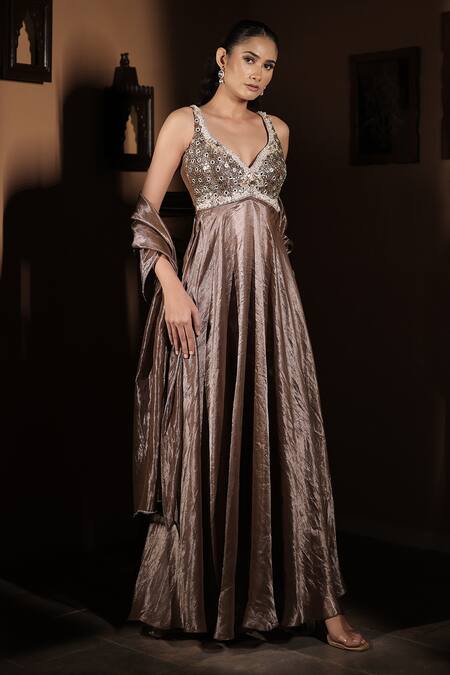 Buy_Vana Ethnics_Gold Tissue Mirrors, The Celestial Kundan Embellished Anarkali With Dupatta _Online_at_Aza_Fashions