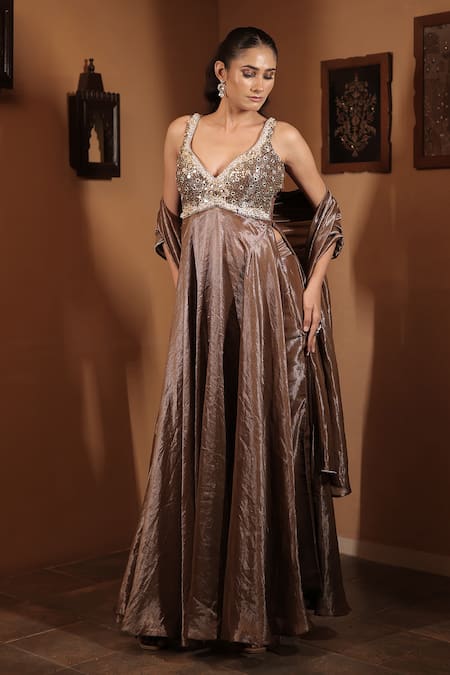 Vana Ethnics_Gold Tissue Mirrors, The Celestial Kundan Embellished Anarkali With Dupatta _at_Aza_Fashions