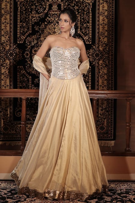 Shop_Vana Ethnics_Ivory Tissue Mirrors, Pearls, The Sitara Spark Embellished Corset Lehenga Set _Online_at_Aza_Fashions