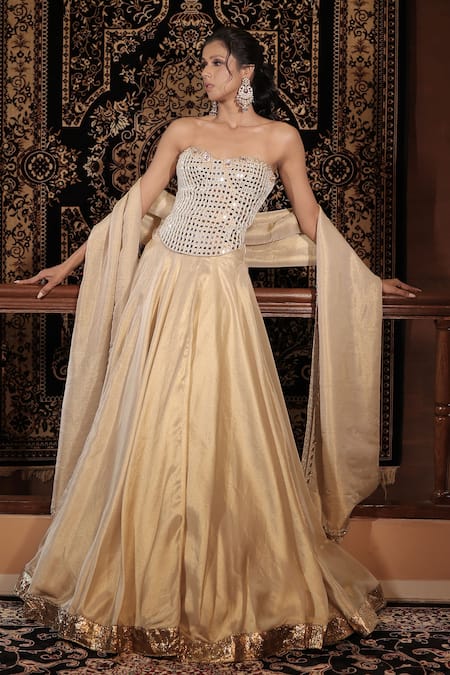 Vana Ethnics_Ivory Tissue Mirrors, Pearls, The Sitara Spark Embellished Corset Lehenga Set _at_Aza_Fashions