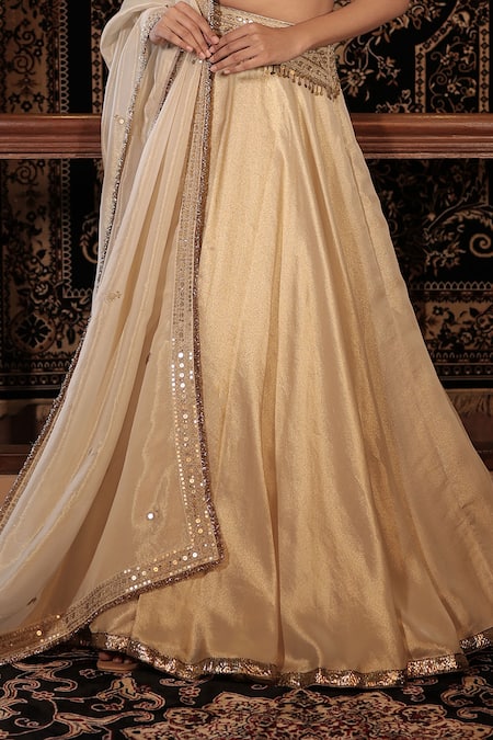 Vana Ethnics_Ivory Tissue, Silk Zari, Sequins, Beads The Roopmati Zardozi Work Lehenga Set _Online_at_Aza_Fashions