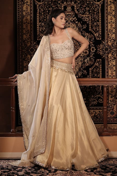 Vana Ethnics_Ivory Tissue, Silk Zari, Sequins, Beads The Roopmati Zardozi Work Lehenga Set _at_Aza_Fashions