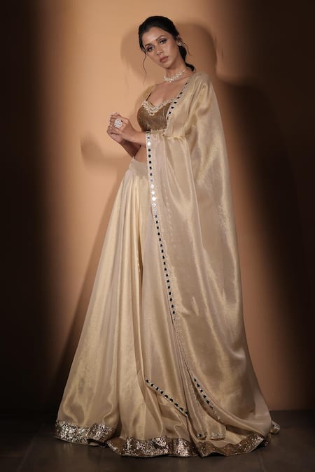 Vana Ethnics_Gold Tissue Sequins, Stones, Zari, Mirrors The Son Pari Embroidered Lehenga Set _Online_at_Aza_Fashions