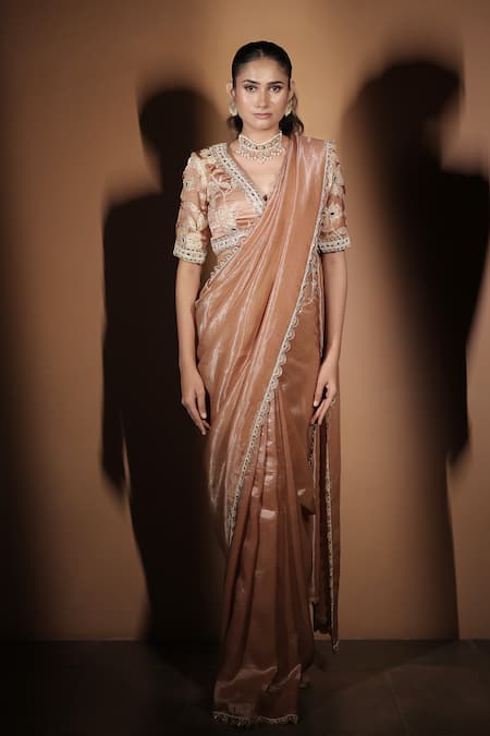 Vana Ethnics_Rose Gold Tissue Zari, Mirrors, Beads, The Whispering Saree With Blouse _Online_at_Aza_Fashions