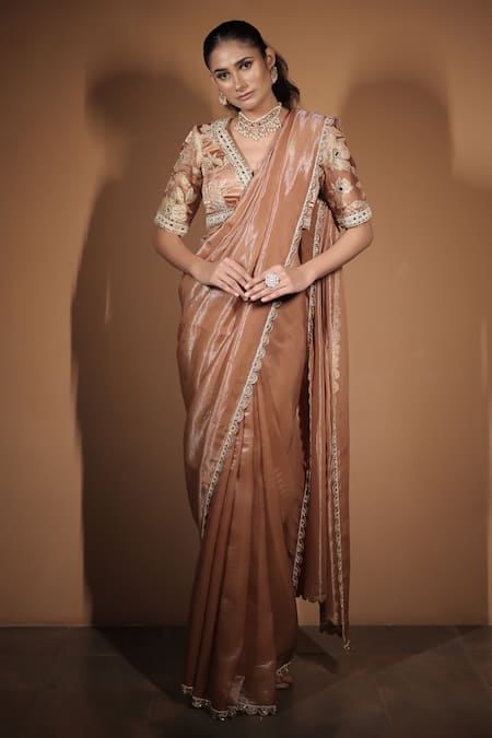 Buy_Vana Ethnics_Rose Gold Tissue Zari, Mirrors, Beads, The Whispering Saree With Blouse _Online_at_Aza_Fashions