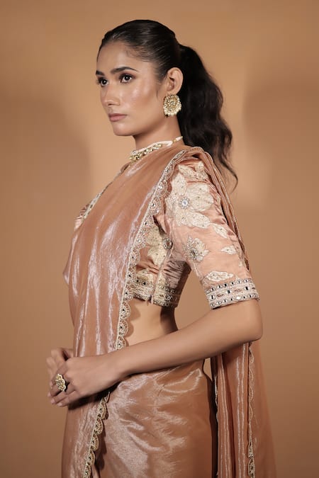 Shop_Vana Ethnics_Rose Gold Tissue Zari, Mirrors, Beads, The Whispering Saree With Blouse _Online_at_Aza_Fashions