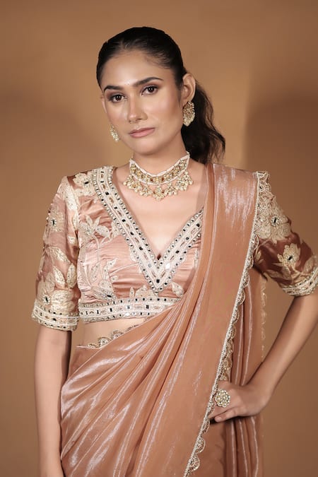 Vana Ethnics_Rose Gold Tissue Zari, Mirrors, Beads, The Whispering Saree With Blouse _at_Aza_Fashions