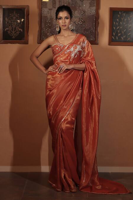 Vana Ethnics_Orange Tissue Embroidery, Zari, Sequins, The Ambar Sandhya Saree With Blouse _Online_at_Aza_Fashions